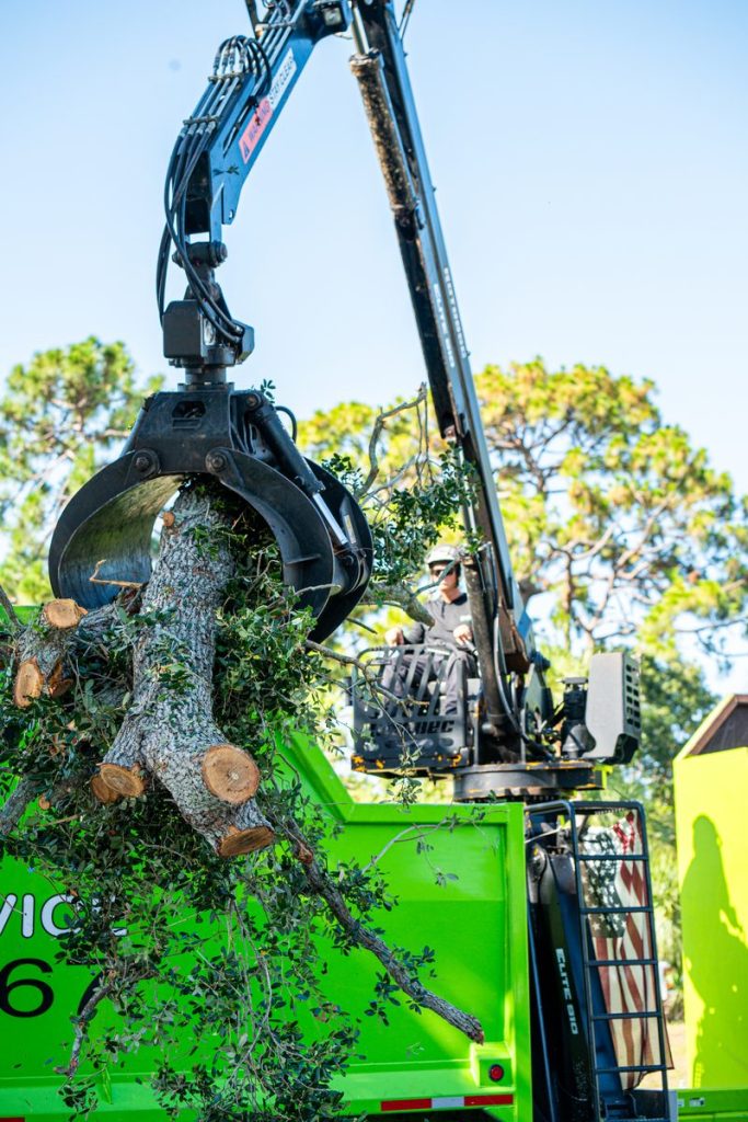 Hydraulic grapple claw lifting a large tree trunk into the truck